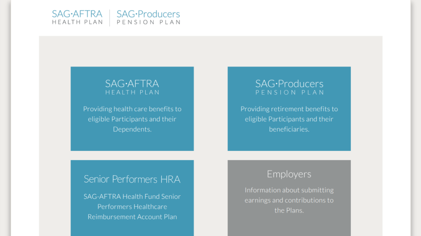 SAG-AFTRA Health Plan and SAG-Producers Pension Plan overview with sections for health benefits, retirement benefits, senior performers HRA, and employer info.