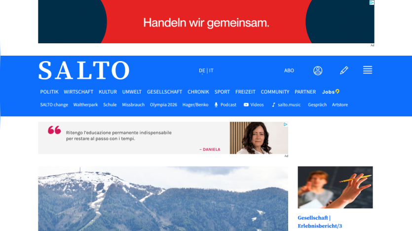 SALTO news website header with navigation menu and hero image of snowy mountain landscape