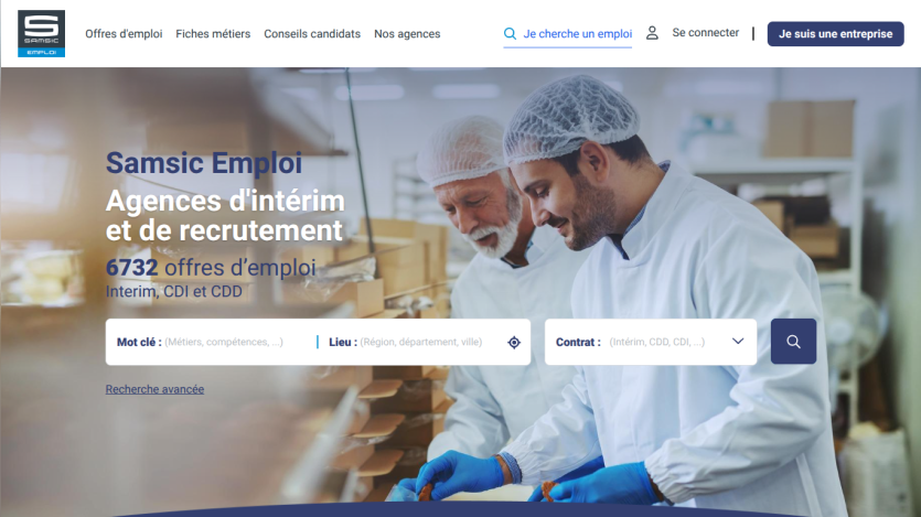 Samsic Emploi recruitment agency homepage with job search form and 6732 job offers