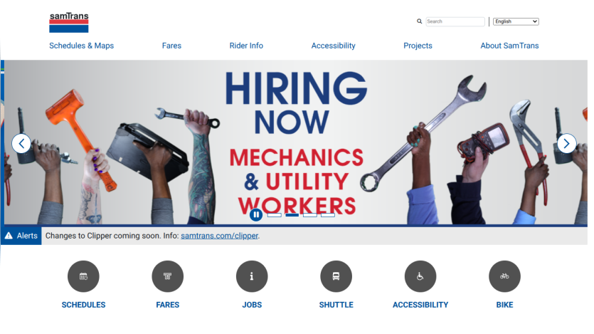 SamTrans website with navigation links, a hiring announcement for mechanics and utility workers, and quick access icons for schedules, fares, jobs, shuttle, accessibility, and bike info