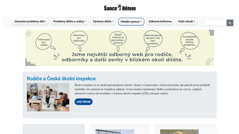 Šance Dětem website with navigation menu and hero section describing it as the largest expert web for parents, specialists, and others around the child