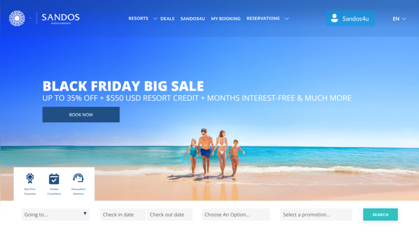 Beach resort homepage with Black Friday sale banner offering up to 35% off and $550 USD resort credit, showing family on beach