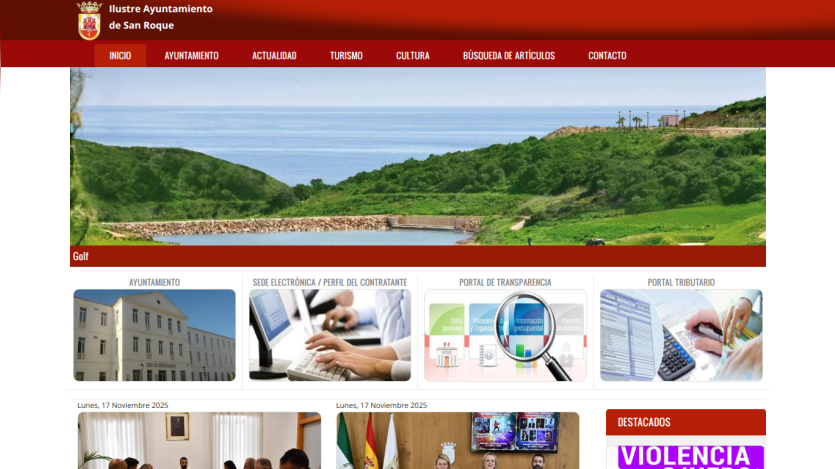 Municipality website of San Roque with navigation menu, hero image of golf course, and sections for Ayuntamiento, electronic office, transparency, and tax portal.