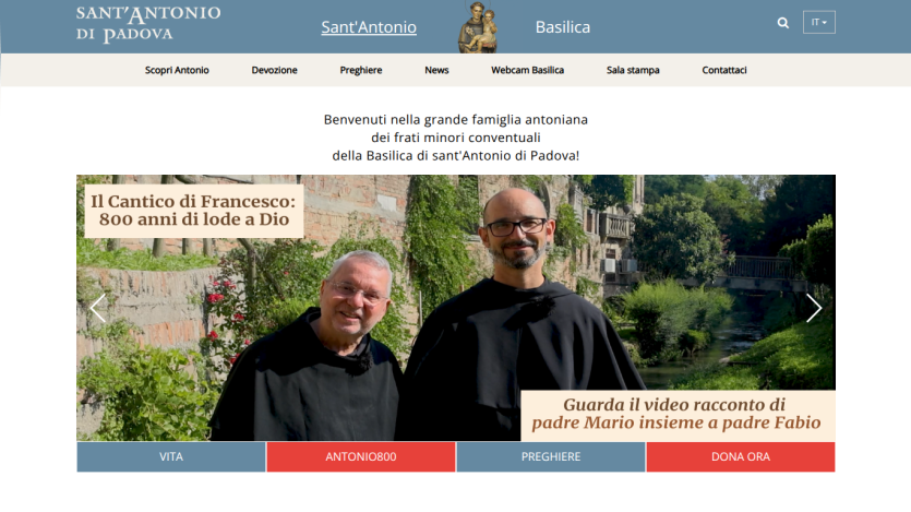 Homepage of Basilica di Sant'Antonio di Padova with navigation menu and featured video about Cantico di Francesco's 800 years