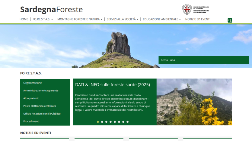 SardegnaForeste website with navigation menu, hero image of a peony flower, and info on Sardinian forests for 2025