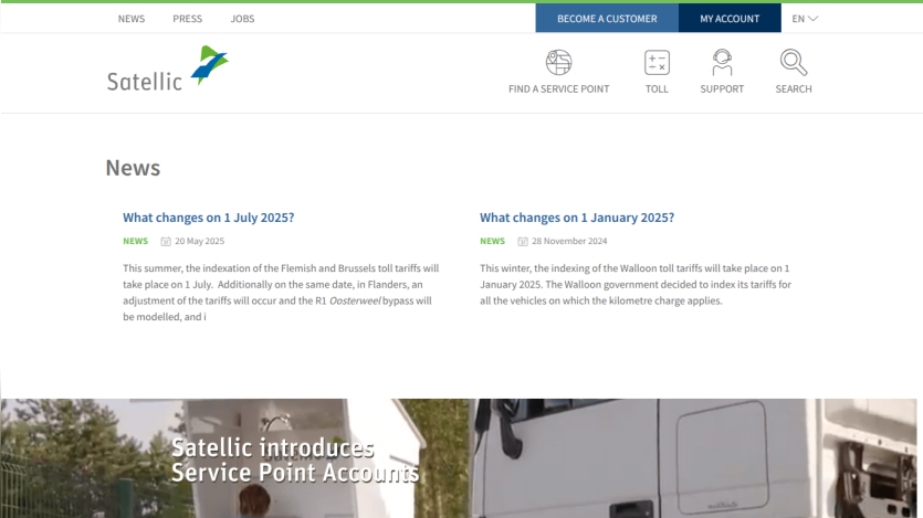 Satellic website with news on toll tariff changes and introduction of Service Point Accounts