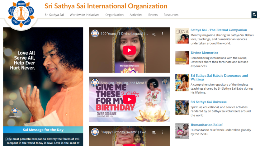 Sri Sathya Sai International Organization homepage with a message for the day, videos, and links to spiritual resources and activities