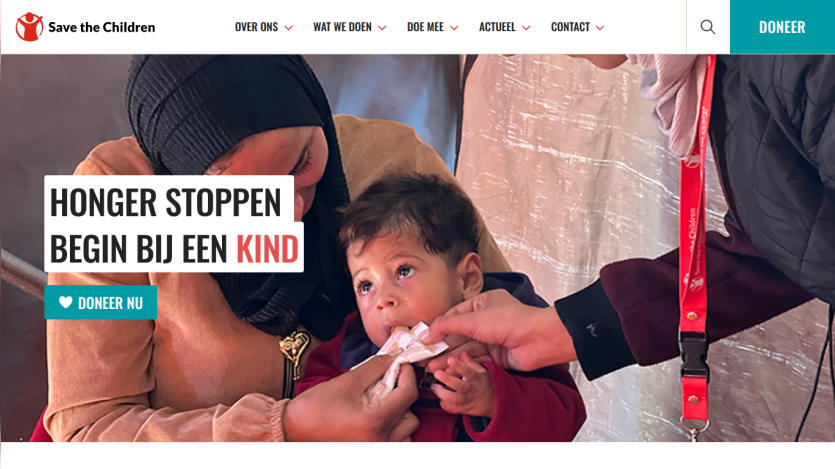 Save the Children website with a call to stop hunger starting with a child and a donate button