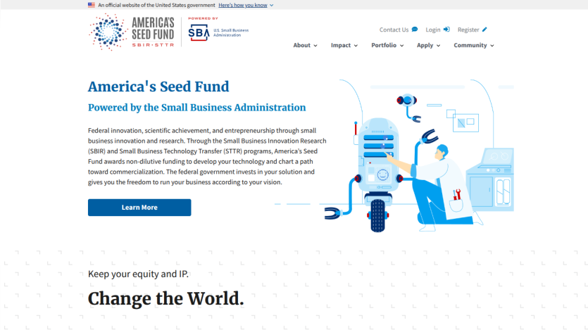 Homepage of America's Seed Fund with a robot and text about funding for small businesses.