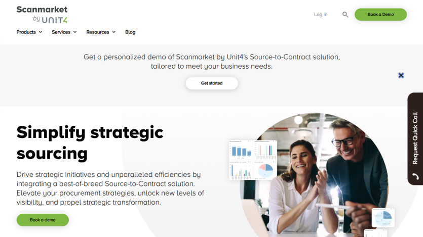 Scanmarket by Unit4 homepage offering a personalized demo for Source-to-Contract solution with strategic sourcing benefits