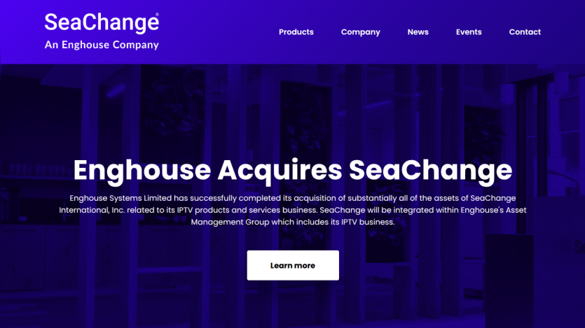SeaChange website announcing acquisition by Enghouse with navigation menu and learn more button