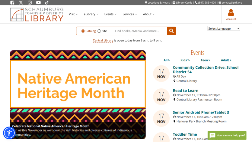 Schaumburg Township District Library homepage featuring Native American Heritage Month and upcoming events on November 17