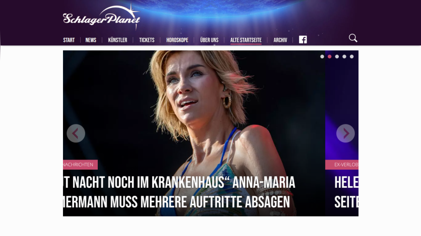 SchlagerPlanet website featuring news about Helene Fischer and her past relationship with Thomas Seitel