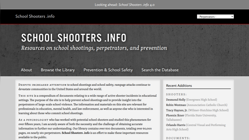 School Shooters .info homepage offering resources on school shootings, perpetrators, and prevention with navigation links and recent additions