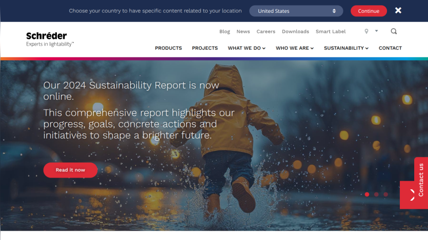 Schroder investment website hero with 2024 Sustainability Report announcement and call to action button