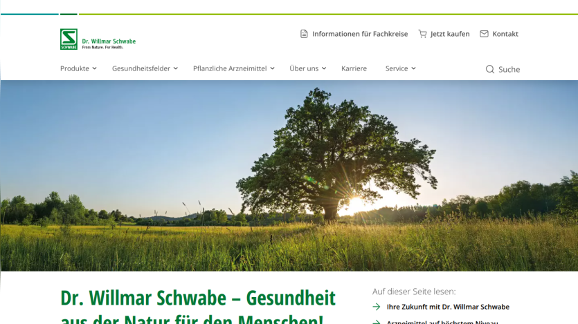 Dr. Willmar Schwabe website with navigation menu and a large hero image of a tree in a sunny field