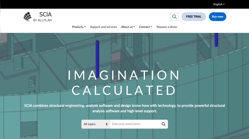 SCIA by ALLPLAN structural engineering software with tagline Imagination Calculated and search bar