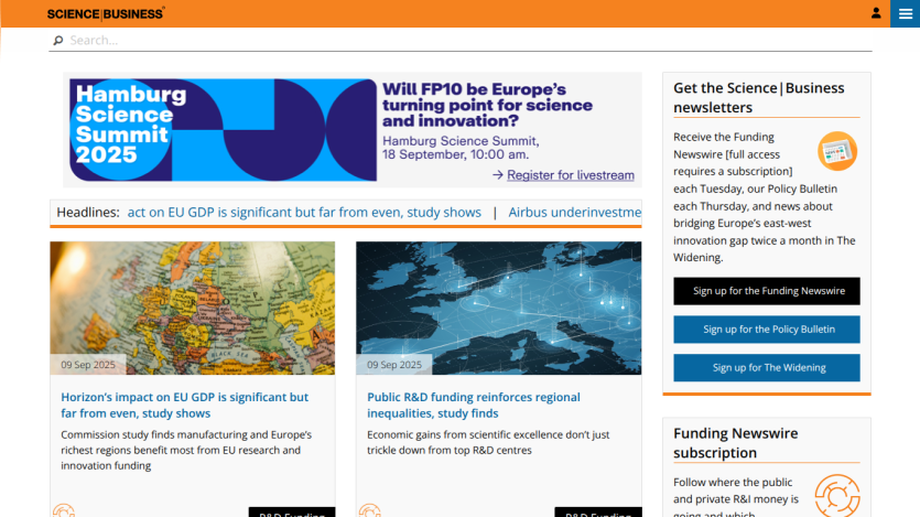 Homepage of Hamburg Science Summit 2025 with headlines and links to funding resources.