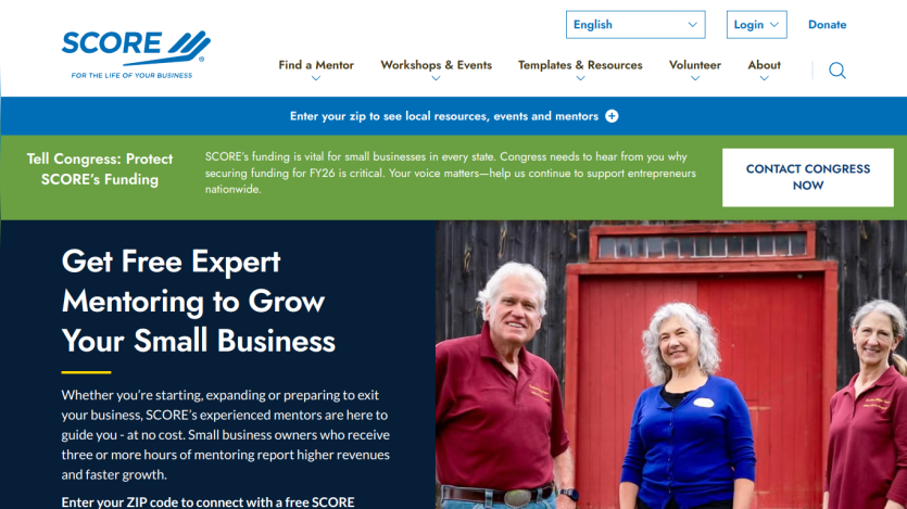 SCORE website offering free expert mentoring for small businesses with a welcoming image of mentors.