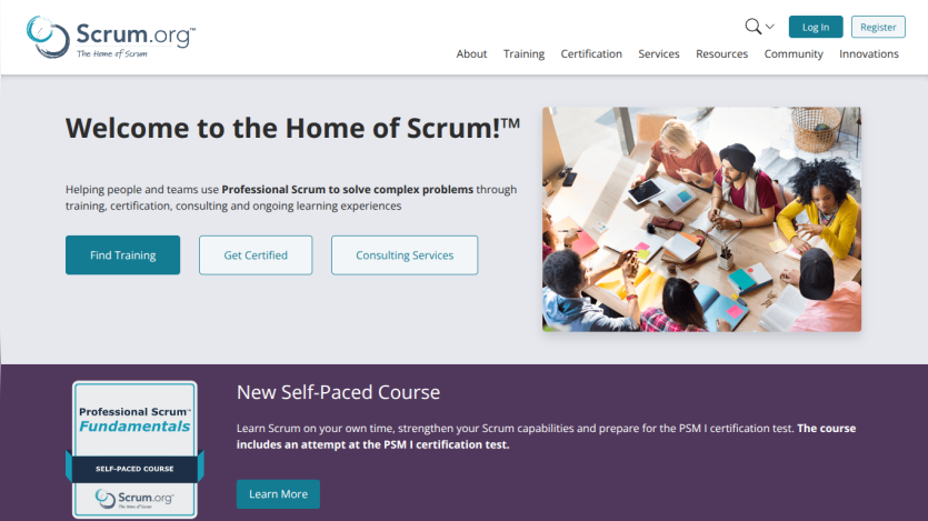 Homepage of Scrum.org featuring training and certification services.
