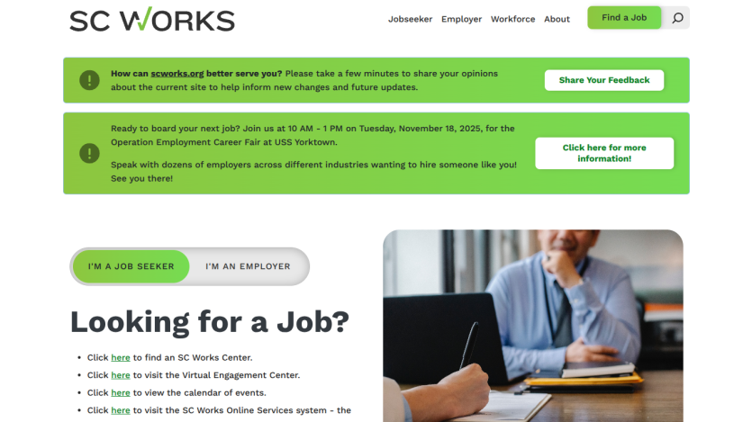 SC Works homepage with job seeker and employer options, announcements, and a photo of a person at a desk