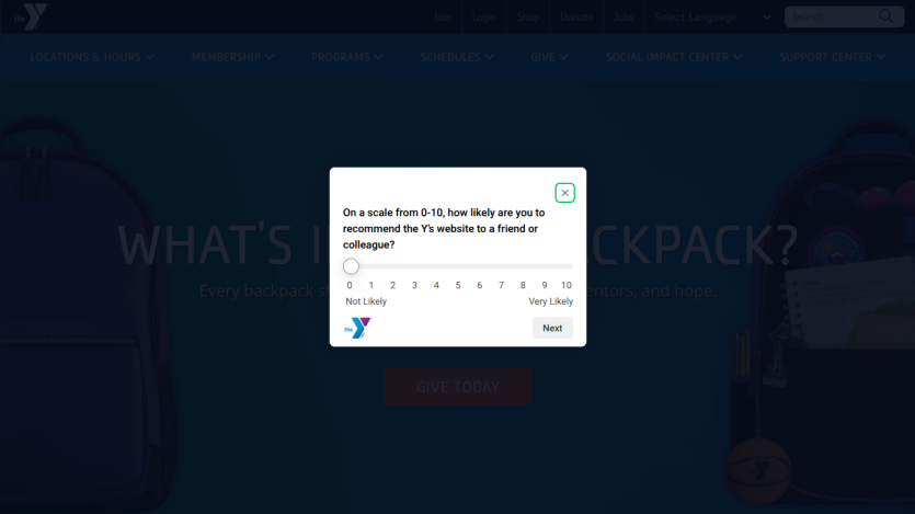 YMCA website hero section with call to action to give today and message about supporting youth with food, stability, mentors, and hope