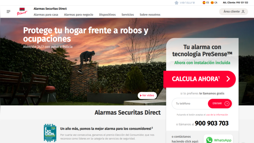 Homepage promoting home security services with a call to action and contact information.