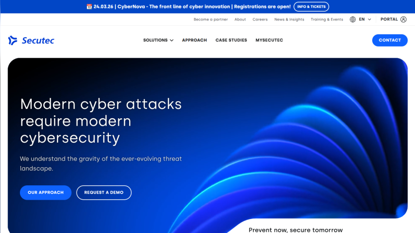 Secutec website hero with cybersecurity message and call-to-action buttons for approach and demo
