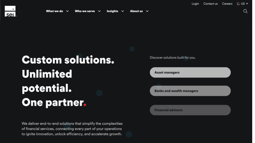Homepage featuring custom solutions with options for asset managers, banks, and financial advisors.