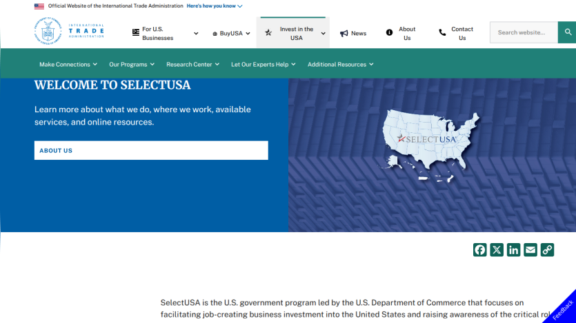 SelectUSA welcome page with navigation menu and map of the United States highlighting investment opportunities