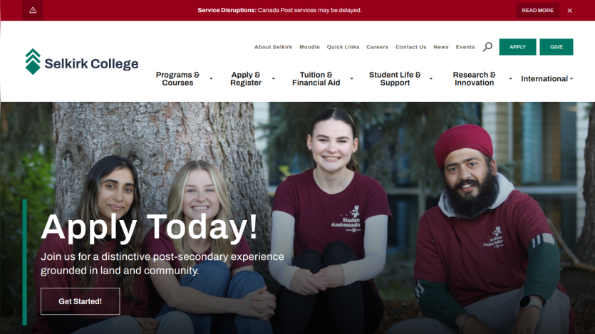 Selkirk College homepage with Apply Today call to action and diverse students smiling