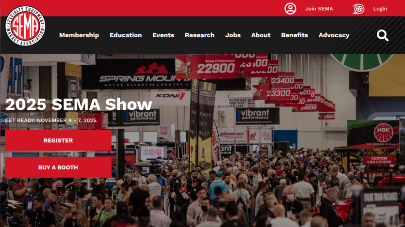 2025 SEMA Show homepage with event details and registration options.