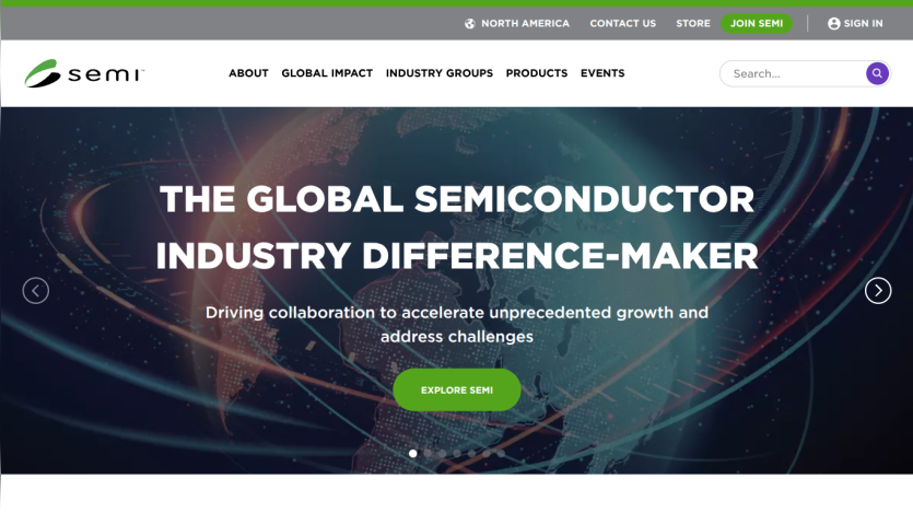 Homepage of SEMI showcasing the semiconductor industry with a call to action button.
