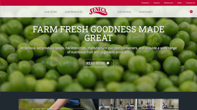 Seneca website with navigation and hero section promoting farm fresh seeds, crops, and vegetable products