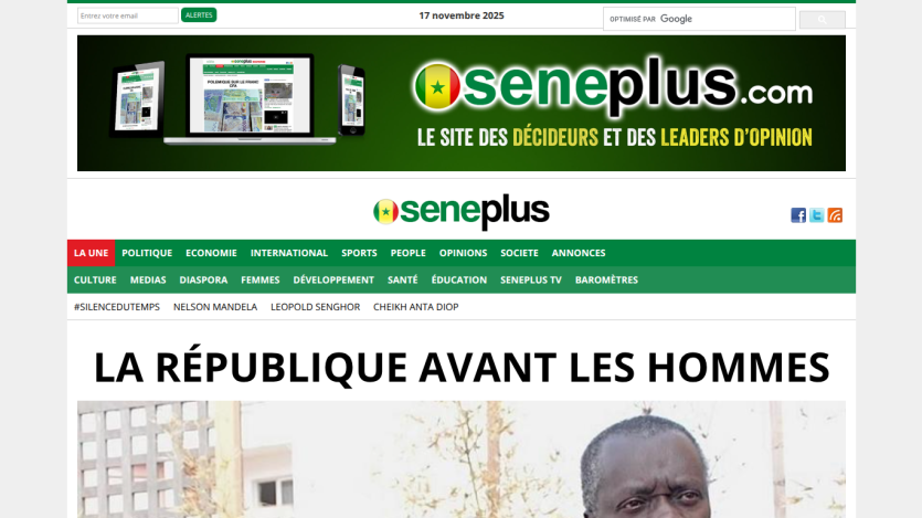 Senegal news website with headline 'La République avant les hommes' and navigation menu including politics, economy, and sports.