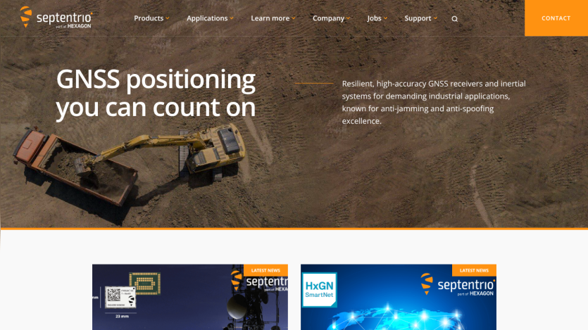Homepage of Septentrio featuring GNSS positioning solutions with industrial applications and anti-jamming technology