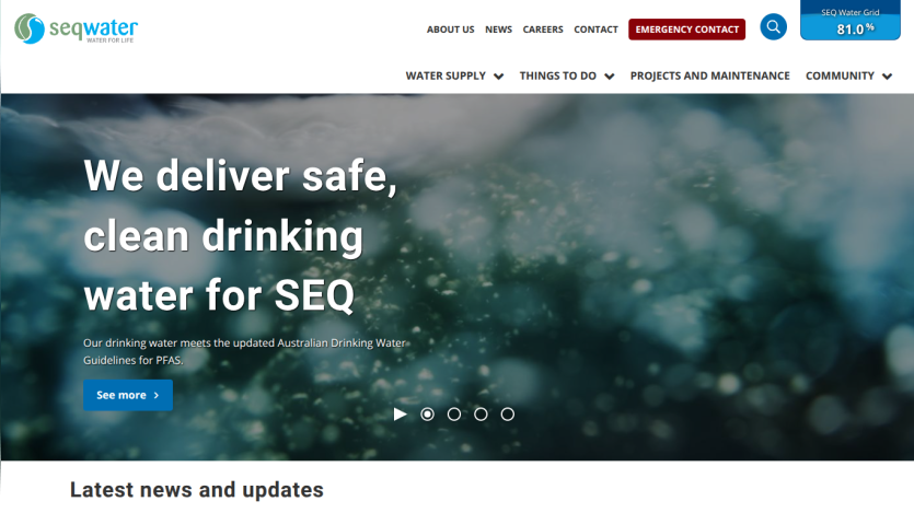 SEQ Water homepage with navigation and hero text about delivering safe, clean drinking water for SEQ.