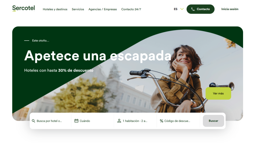 Hotel booking site offering up to 30% discount with search options for destination, dates, and promo code