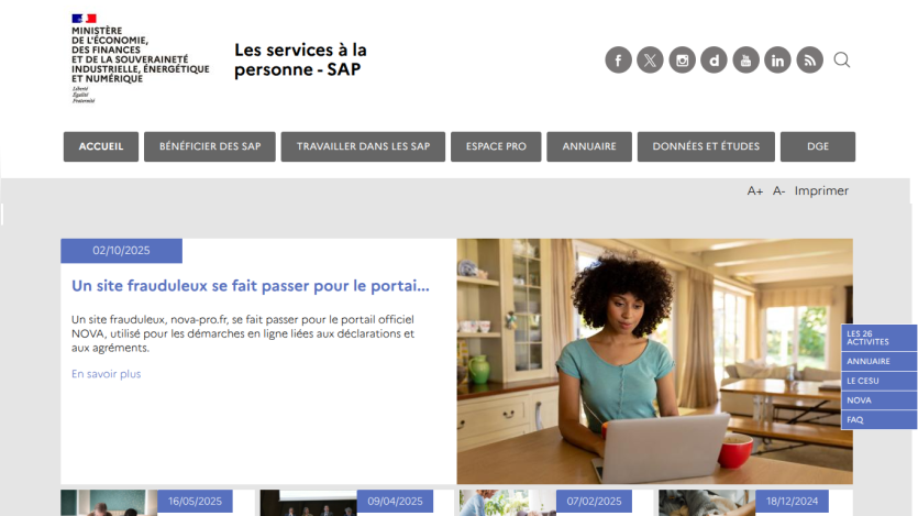 French government site for personal services with news about fraudulent site and woman using laptop in home setting.