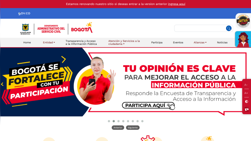 Bogotá government site encouraging public participation with a banner and call to action button