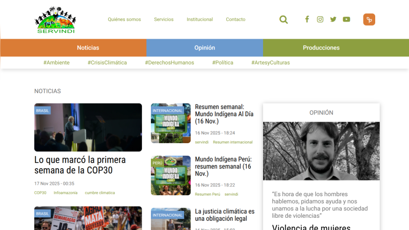 News website Servindi with sections Noticias, Opinión, Producciones and articles on COP30 and climate justice