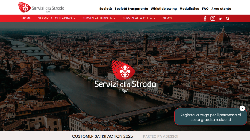 Servizi alla Strada homepage with navigation menus and a cityscape hero image featuring a river and bridges