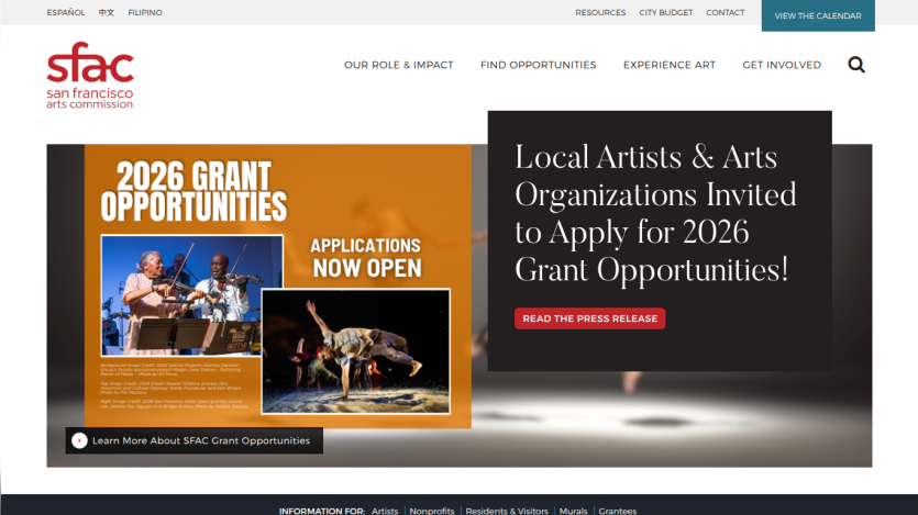 San Francisco Arts Commission homepage featuring 2026 grant opportunities with application details and navigation links
