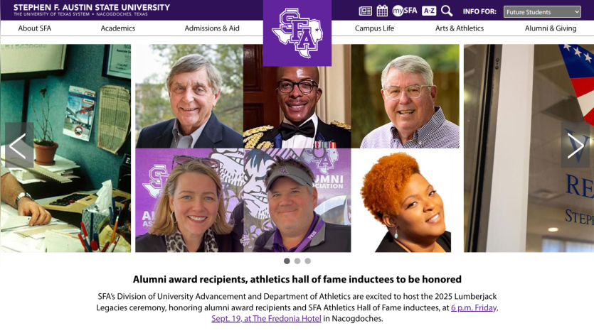 Homepage of Stephen F. Austin State University featuring alumni award recipients and event announcements.