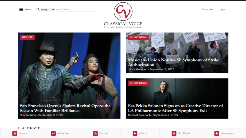 Homepage of Classical Voice featuring articles on opera and symphony news.