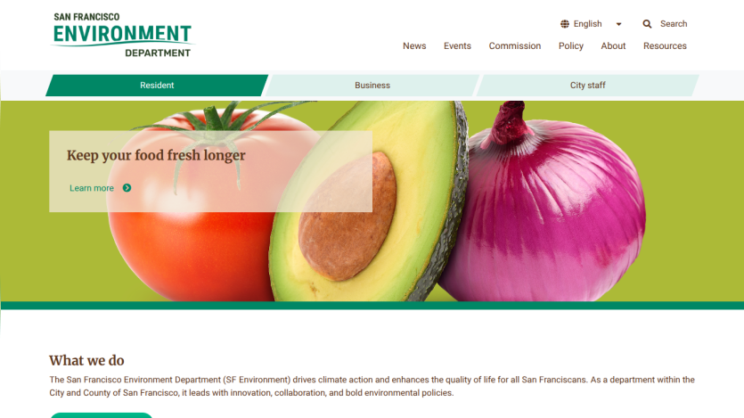 San Francisco Environment Department homepage with navigation, search, and hero banner promoting food freshness