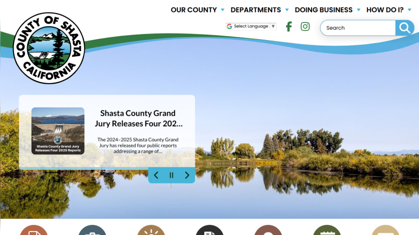 County of Shasta California website with navigation links, search bar, social icons, and hero section featuring a clock tower and news about the Grand Jury reports