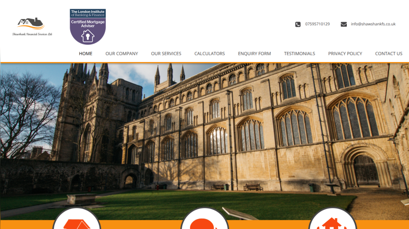 Shawshank Financial Services Ltd homepage with navigation and a large historic building background