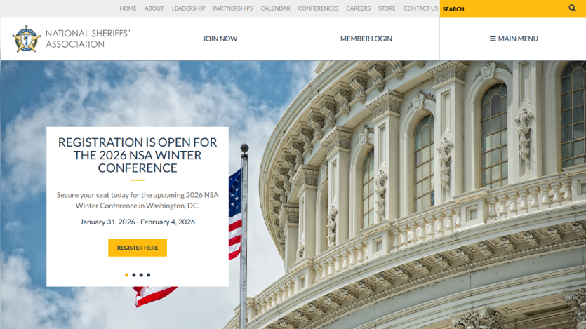 National Sheriffs' Association homepage with registration open for 2026 NSA Winter Conference in Washington, DC, Jan 31-Feb 4