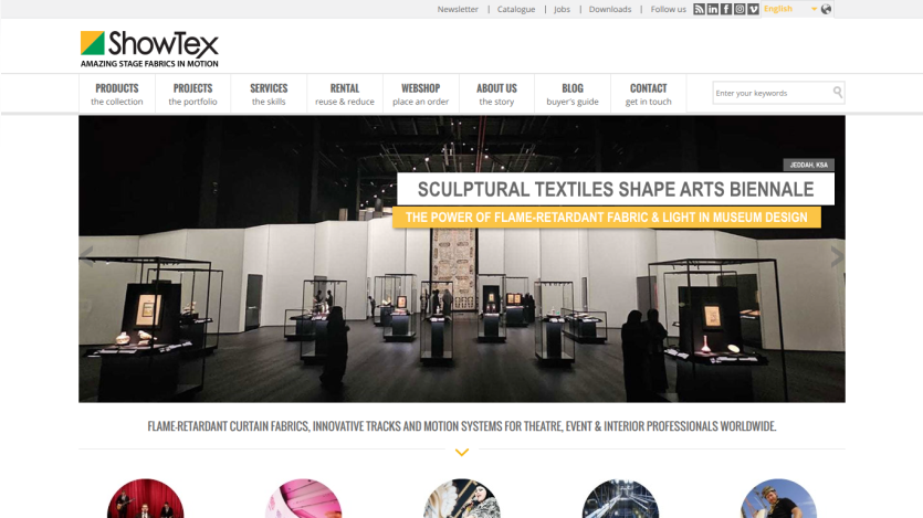 ShowTex homepage featuring sculptural textiles at arts biennale and flame-retardant fabrics for theatre and events